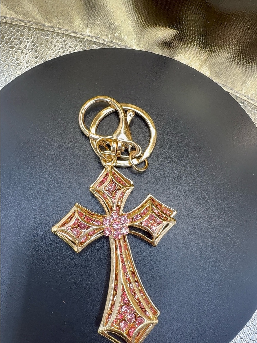 Gold-Tone Pink Crystal Cross Keychain - Women Accessories